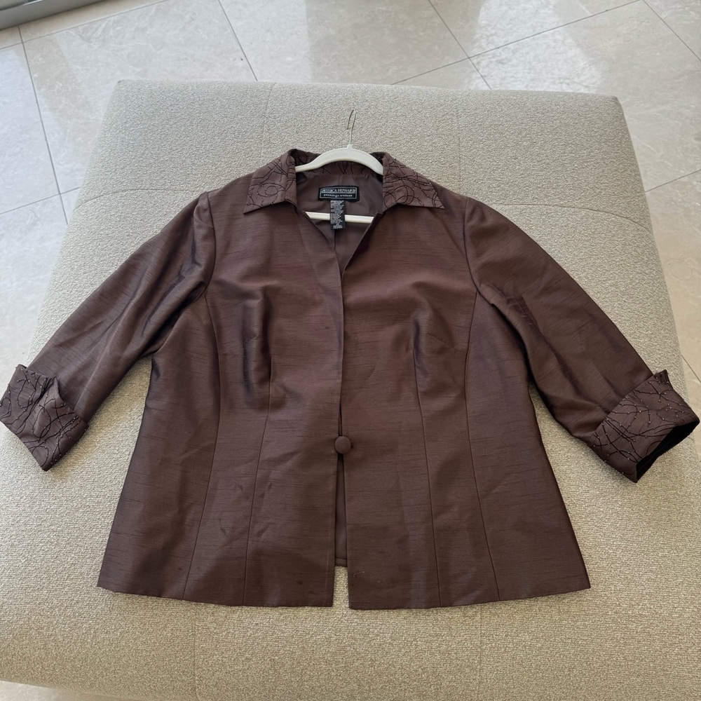 Jessica Howard Brown 3/4 Sleeve Embroidered Collar Blazer Jacket Size 20
